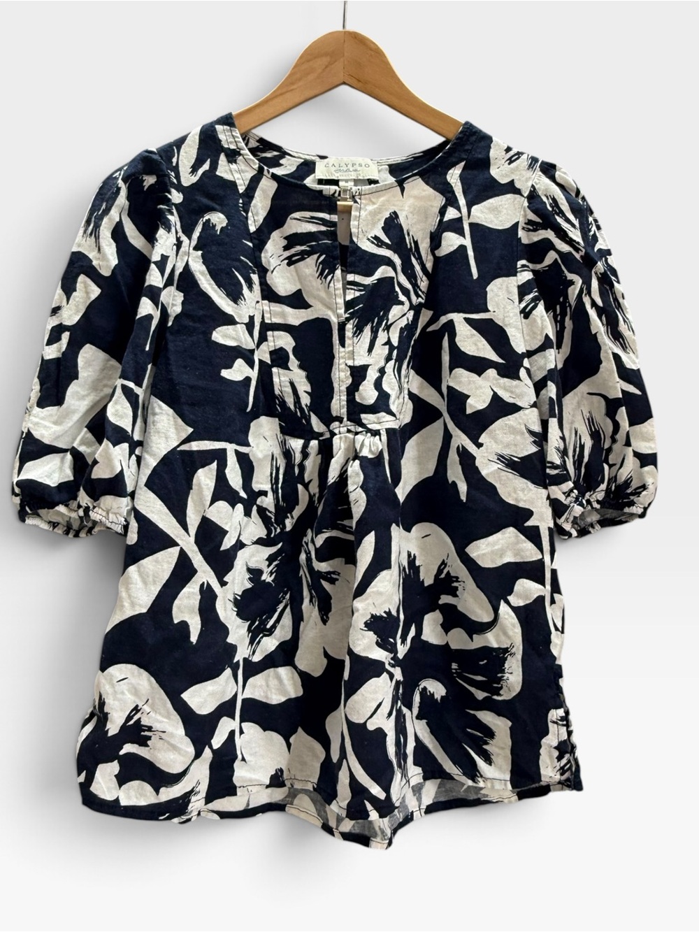 Calypso St Barth Navy White Floral Linen Top Puff Sleeve M